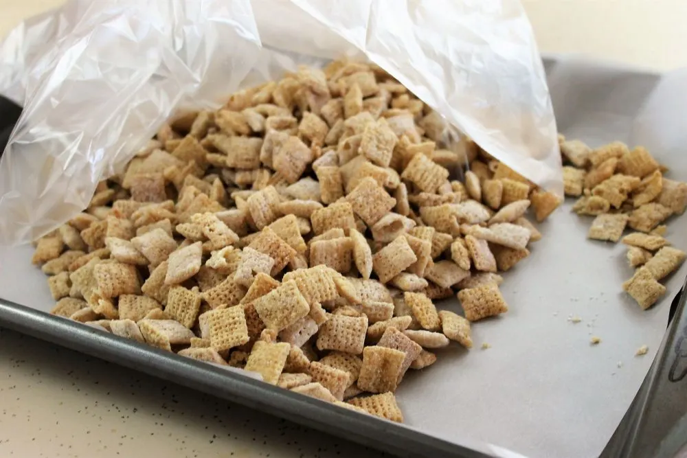 Sugar Cookie Chex Mix cereal ready to set