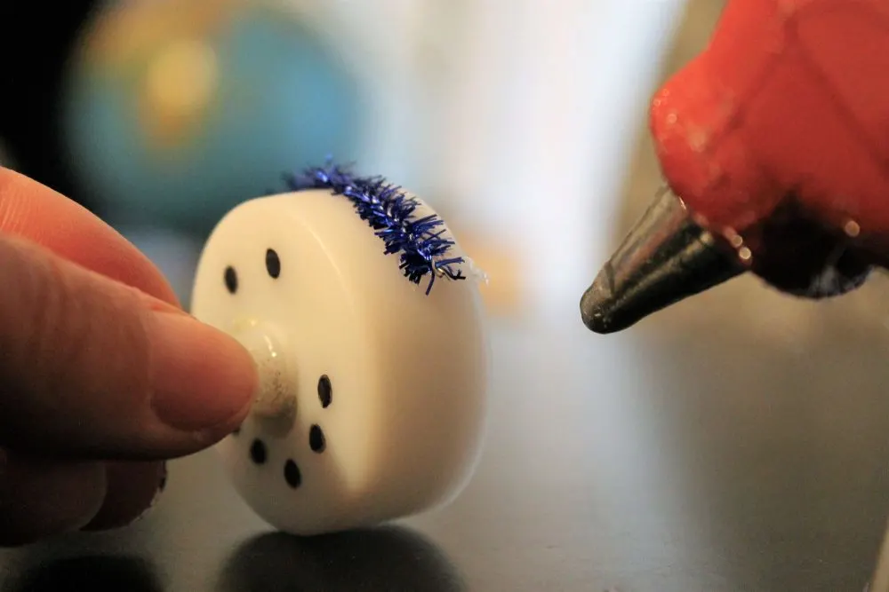 Snowman Tealight Ornaments gluing pom poms