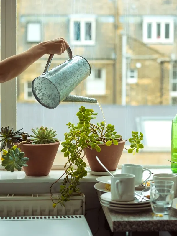 hand holding a watering can watering indoor plants