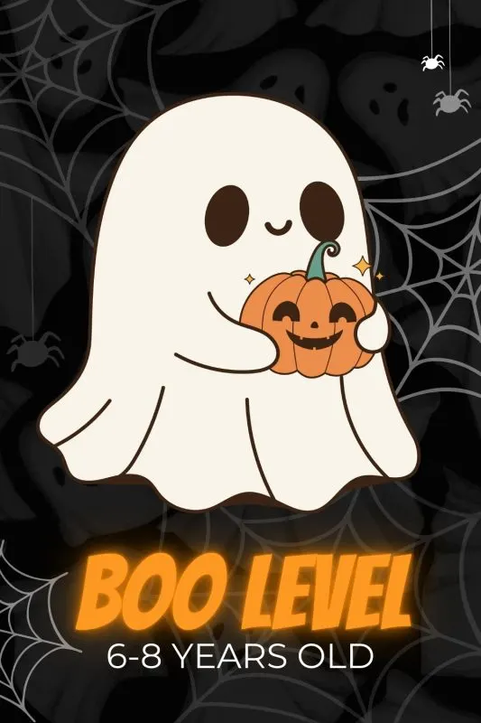 black background with gray spiderwebs, a cute, friendly ghost holding a pumpkin, with text reading