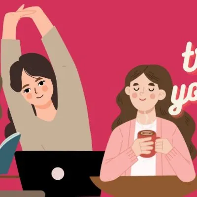 images of a woman reading a book, a woman stretching in front of a laptop computer, and a woman holding a drink in a mug. Text reading "treat yourself"