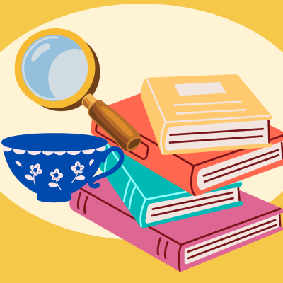 Colorful illustration of stacked books, a magnifying glass and a teacup representing cozy mysteries